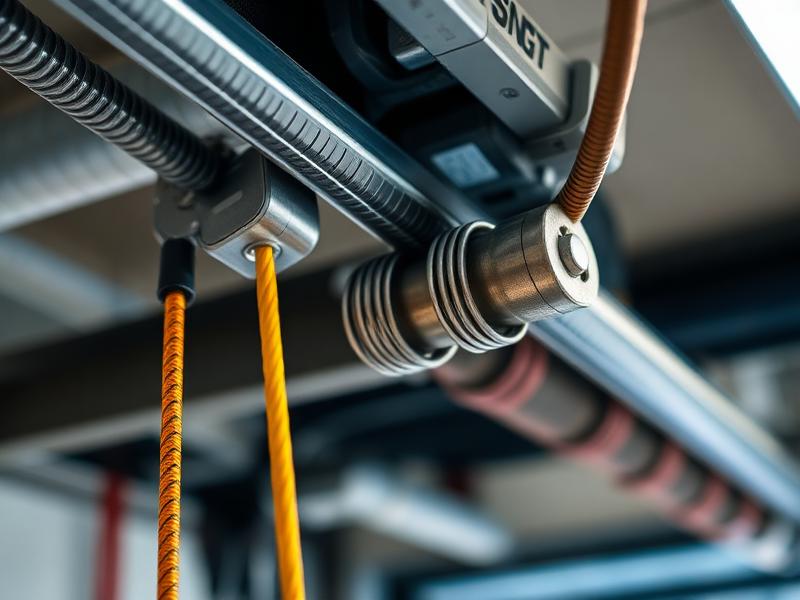 Professional technician repairing garage door cables and spring system